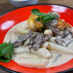 Ragout vom Holsteiner Spargel mit Maispoulardenbrust und Morcheln